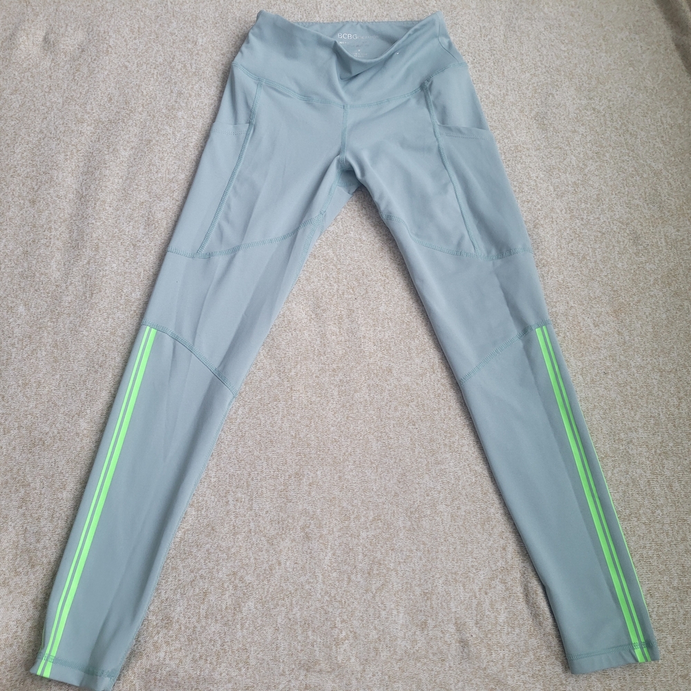 Athleta Gray Leggings with Neon Green Stripes